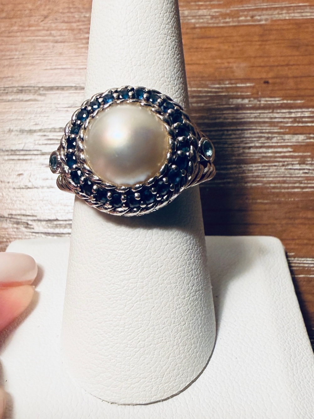 Judith Ripka 925 Sterling Silver Pearl Blue Statement Ring Size 8